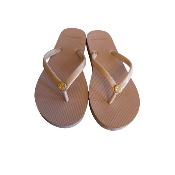 Tory Burch Womens Flip Flops Size 7.5 Pink Rubber Gold Logo Summer Resort - Picture 2 of 6